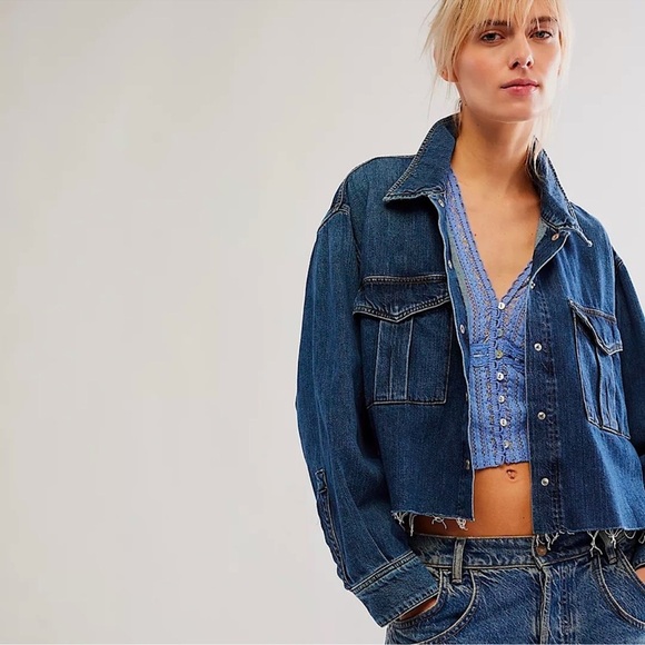 Free People NEW Kika Lace Cropped Button Front Top Size Small Blue Bell Combo - Picture 4 of 16